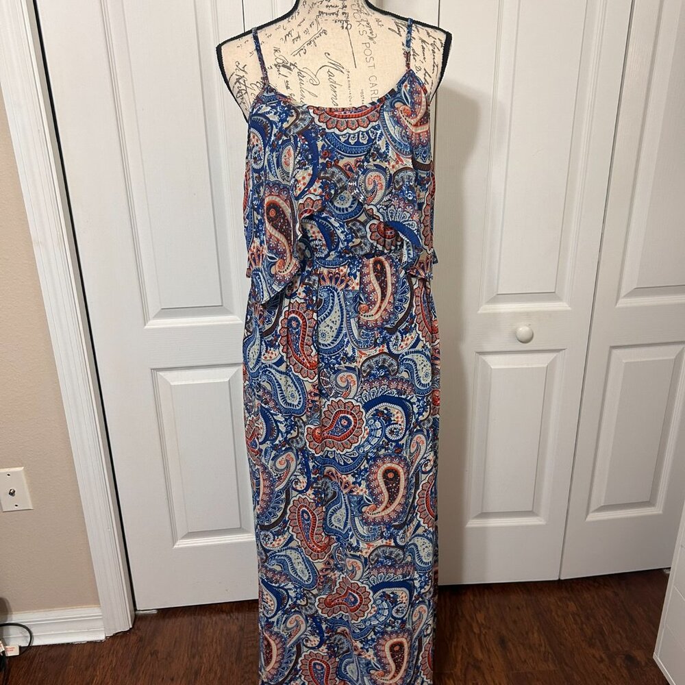 Xhilaration Womens Large Paisley Maxi Dress Blue Orange Ruffle Boho